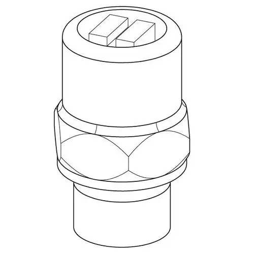 Uponor Combi Port Gen Entlüfter mit runder Form, zwei flachen Anschlüssen oben und einem zylindrischen Körper, geeignet für Anwendungen in der Heizungs- und Klimatechnik.